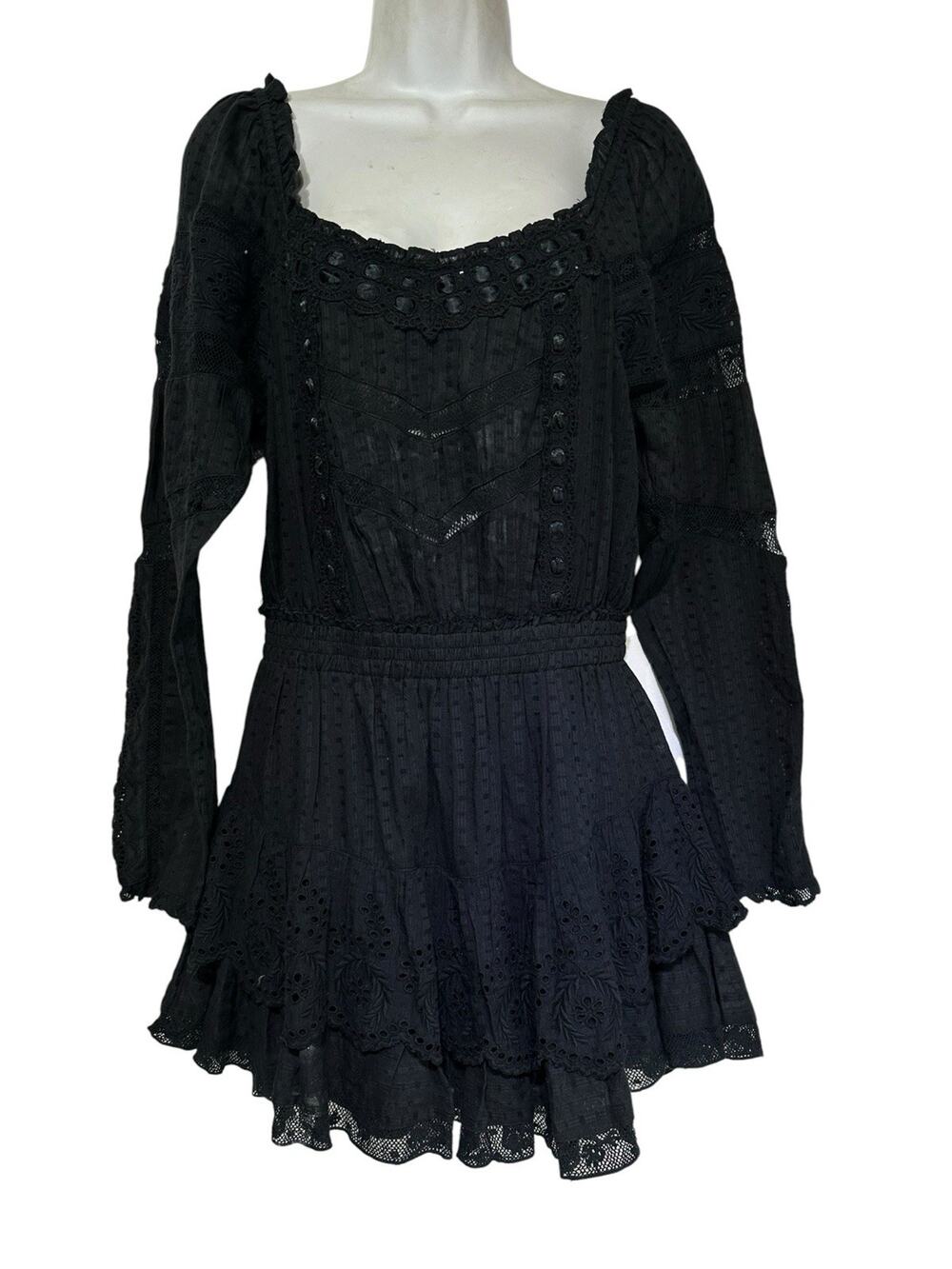 LOVESHACKFANCY Women's Size M Black Sanaya Long Sleeve Mini Dress